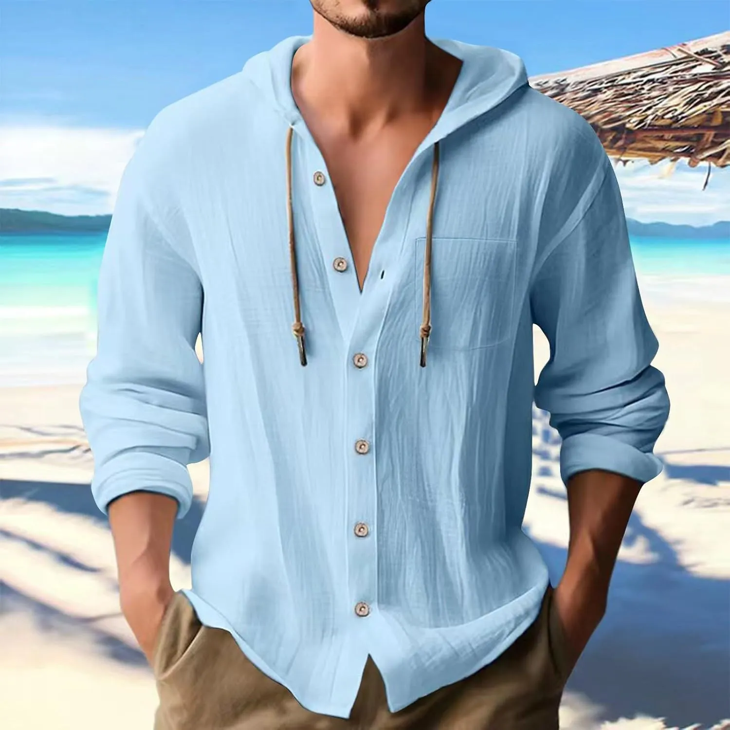 100 Percent Cotton Linen Hoodies for Men Long Sleeve Button Down Shirt Active Athletic Workout Sweatshirts for Men