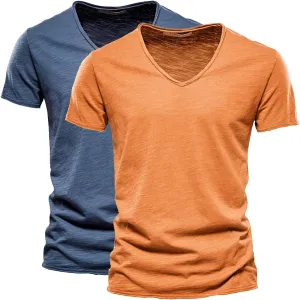 2 Pack Men's Big and Tall Cotton T-Shirt Summer Short Sleeve V-Neck Fitted Solid Casual Gym Workout Muscle Tees Shirt