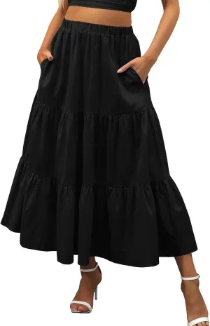 2023 Casual Summer Skirt for Women High Waist Boho Plain Tiered Ruffle Hem Swing Long Skirt Basic Loose Flowy Calf Length
