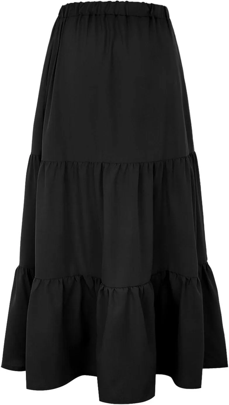 2023 Casual Summer Skirt for Women High Waist Boho Plain Tiered Ruffle Hem Swing Long Skirt Basic Loose Flowy Calf Length