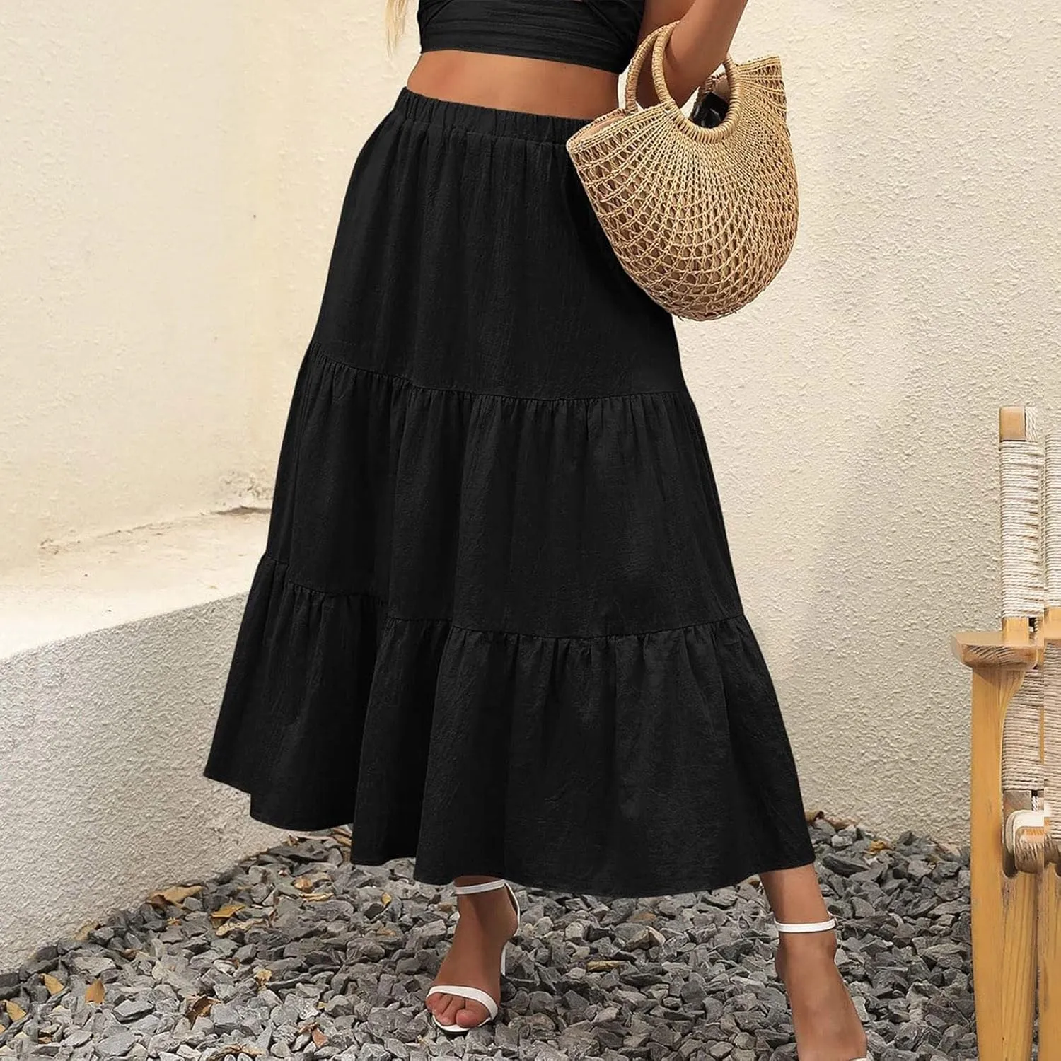 2023 Casual Summer Skirt for Women High Waist Boho Plain Tiered Ruffle Hem Swing Long Skirt Basic Loose Flowy Calf Length