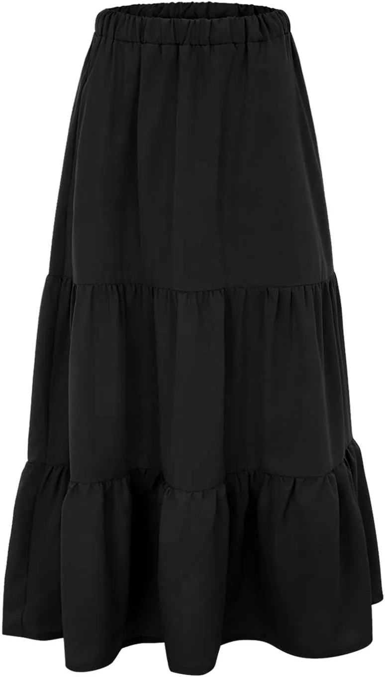 2023 Casual Summer Skirt for Women High Waist Boho Plain Tiered Ruffle Hem Swing Long Skirt Basic Loose Flowy Calf Length