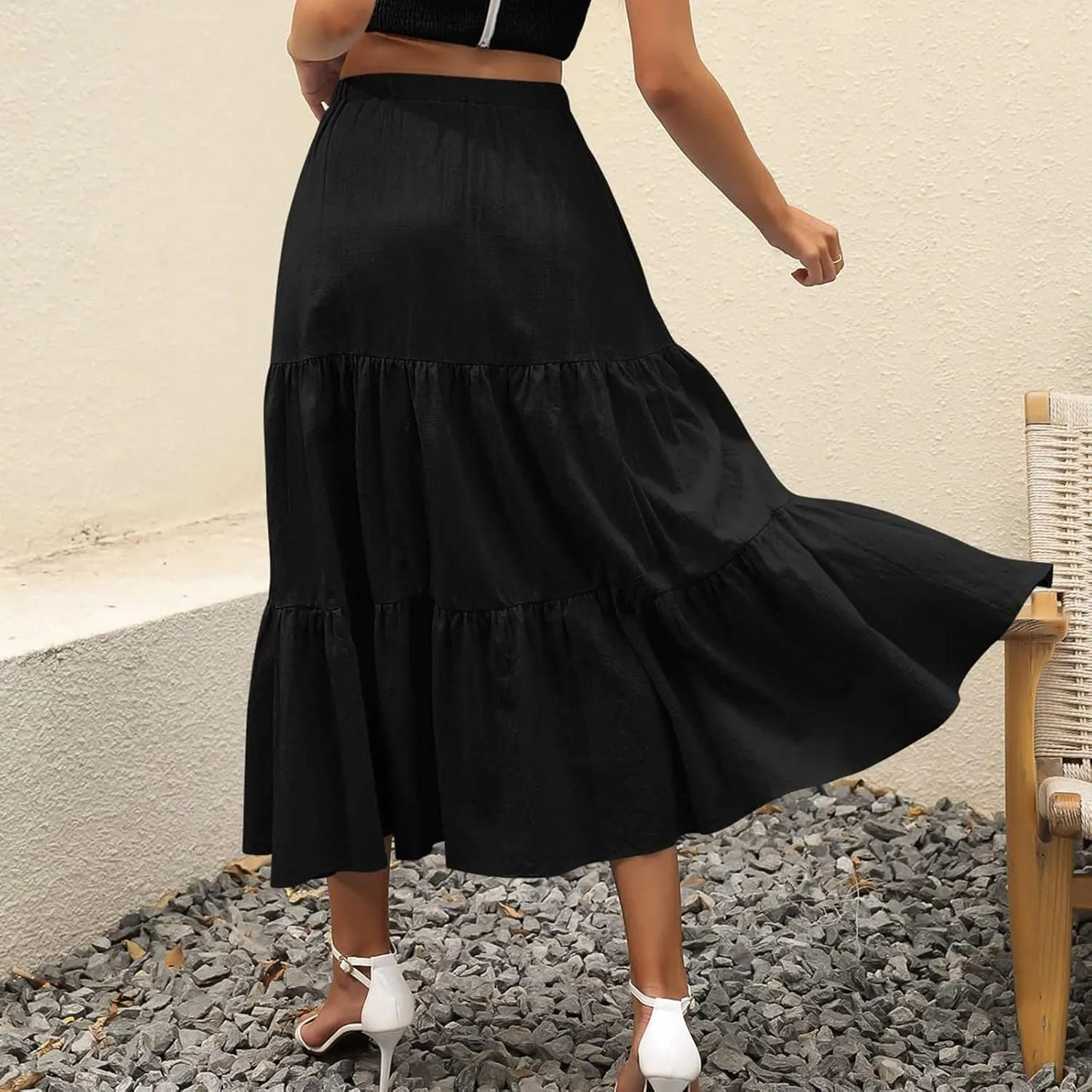 2023 Casual Summer Skirt for Women High Waist Boho Plain Tiered Ruffle Hem Swing Long Skirt Basic Loose Flowy Calf Length