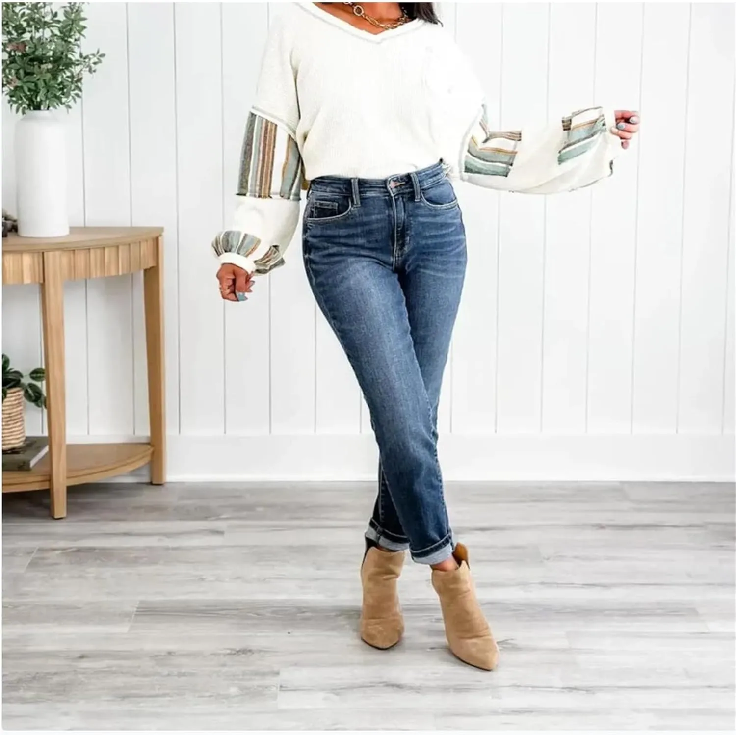 2025 Monroe Mid-Rise Vintage Wash Boyfriend Fit Jeans, Cigarette Pants for Women, Distressed Skinny Jeans for Women