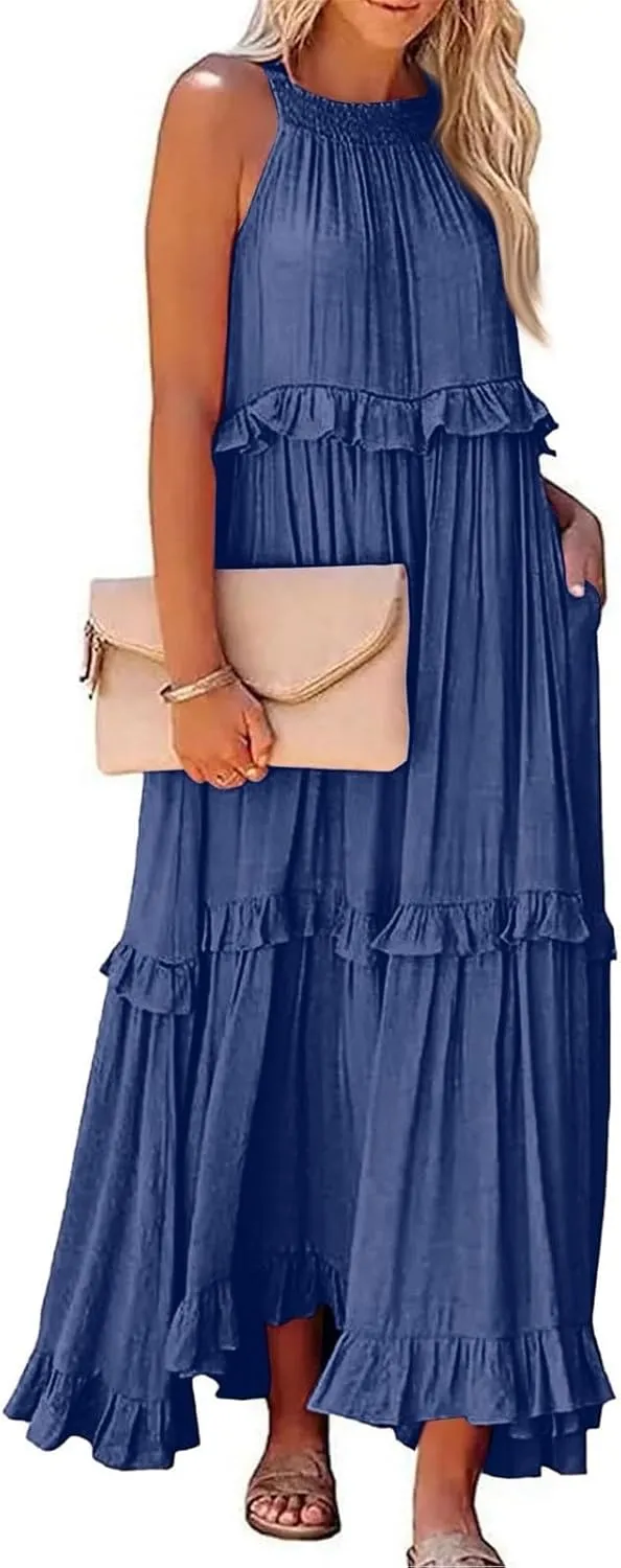 2025 Plus Size Summer Dresses for Women,Sleeveless Halter Casual Pleated Tiered Flowy Beach Vacation Long Dresses Sundress