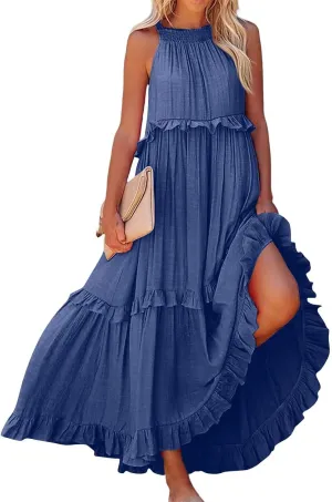 2025 Plus Size Summer Dresses for Women,Sleeveless Halter Casual Pleated Tiered Flowy Beach Vacation Long Dresses Sundress