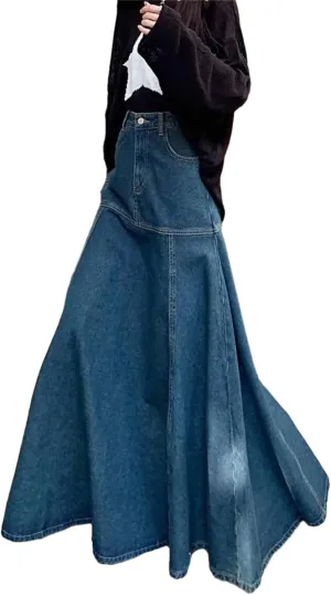 Adhdyuud Woman High Waist Fishtail Denim Skirt Casual Trendy Button-Fly Long Jean Skirts