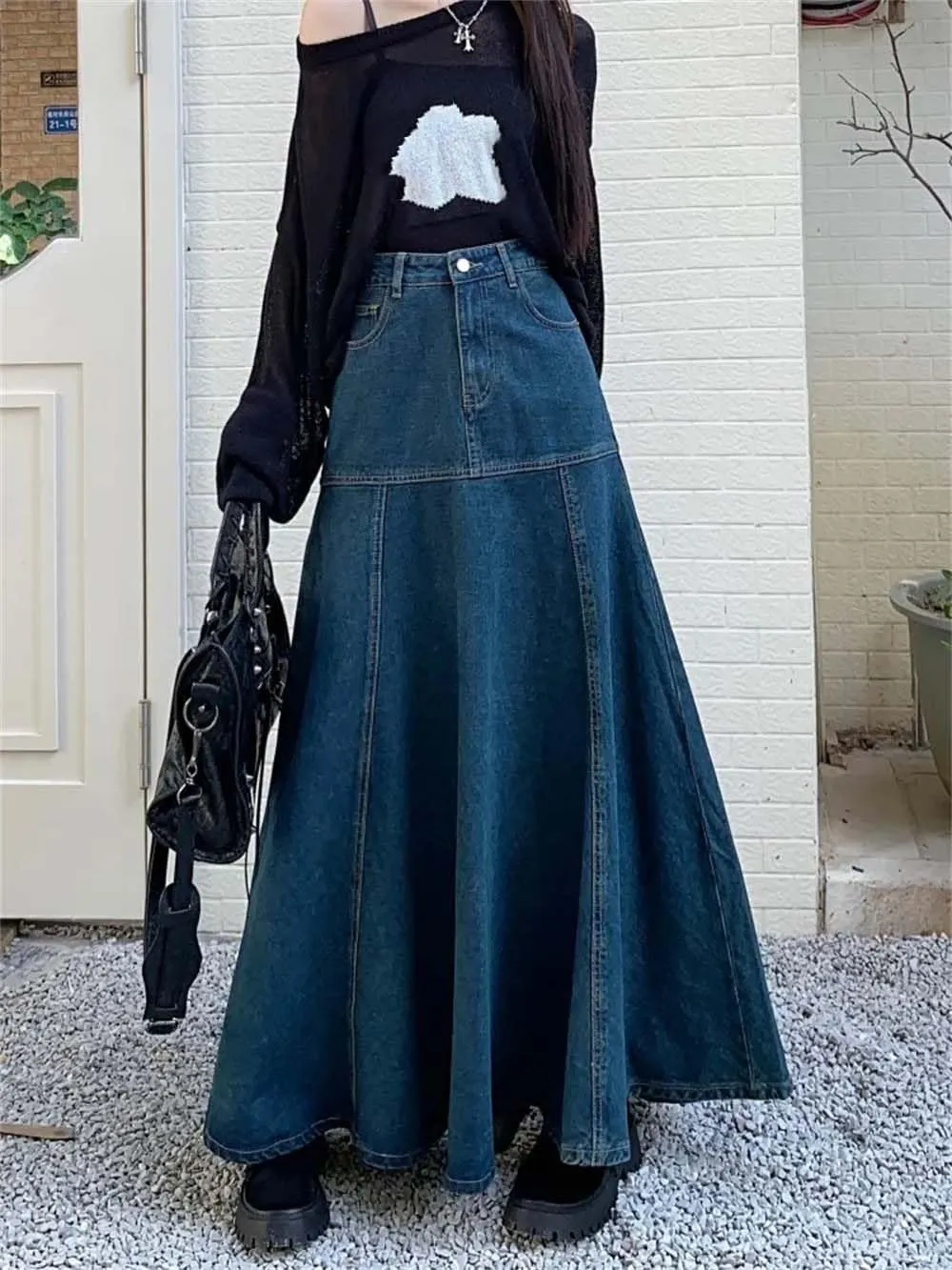 Adhdyuud Woman High Waist Fishtail Denim Skirt Casual Trendy Button-Fly Long Jean Skirts