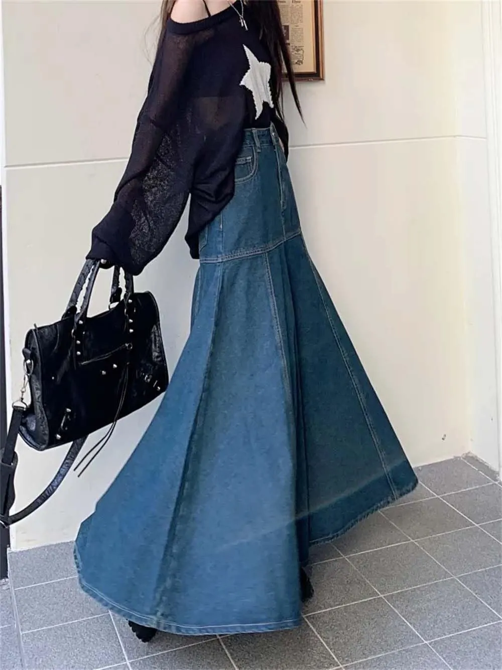 Adhdyuud Woman High Waist Fishtail Denim Skirt Casual Trendy Button-Fly Long Jean Skirts