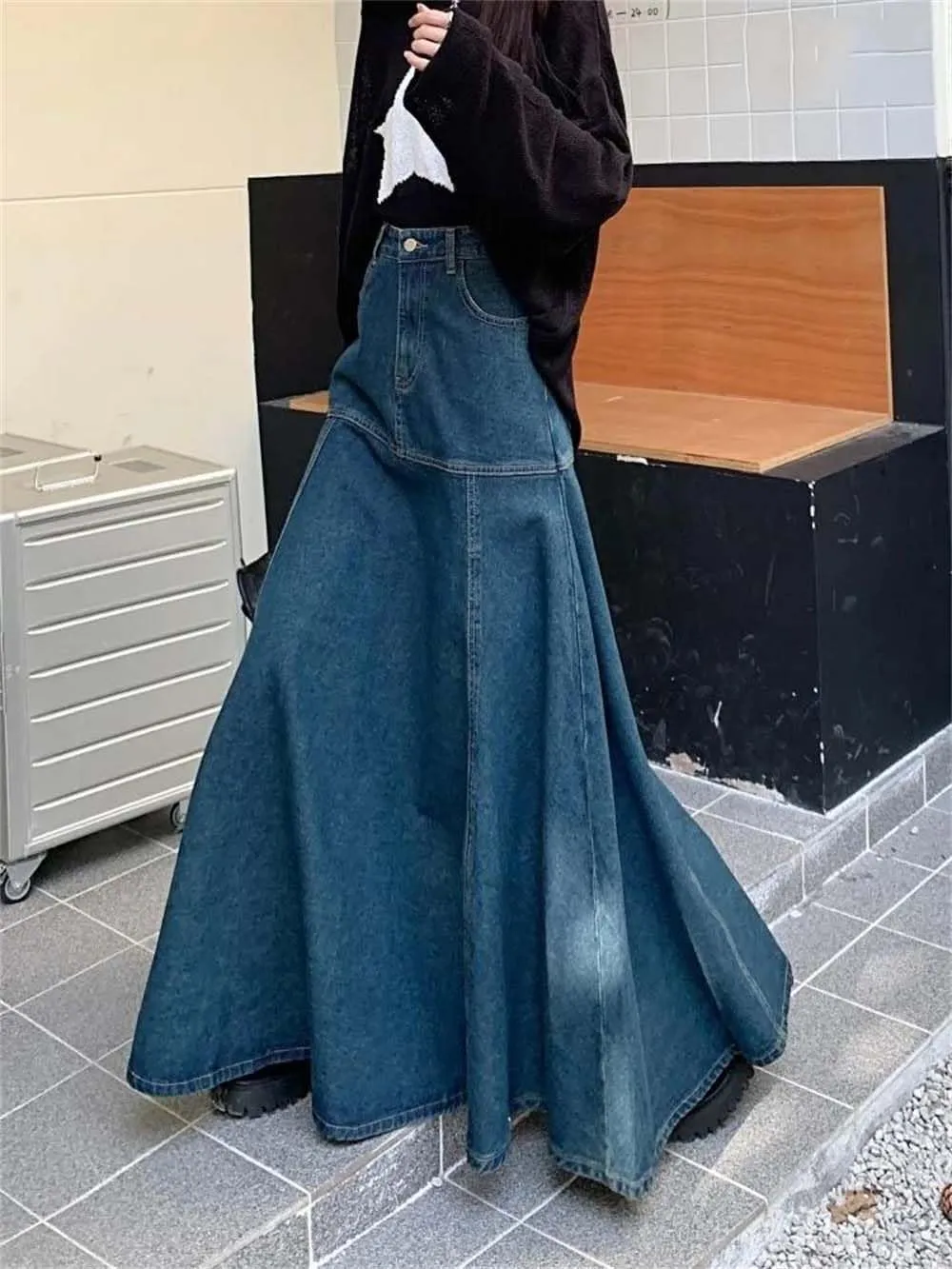 Adhdyuud Woman High Waist Fishtail Denim Skirt Casual Trendy Button-Fly Long Jean Skirts