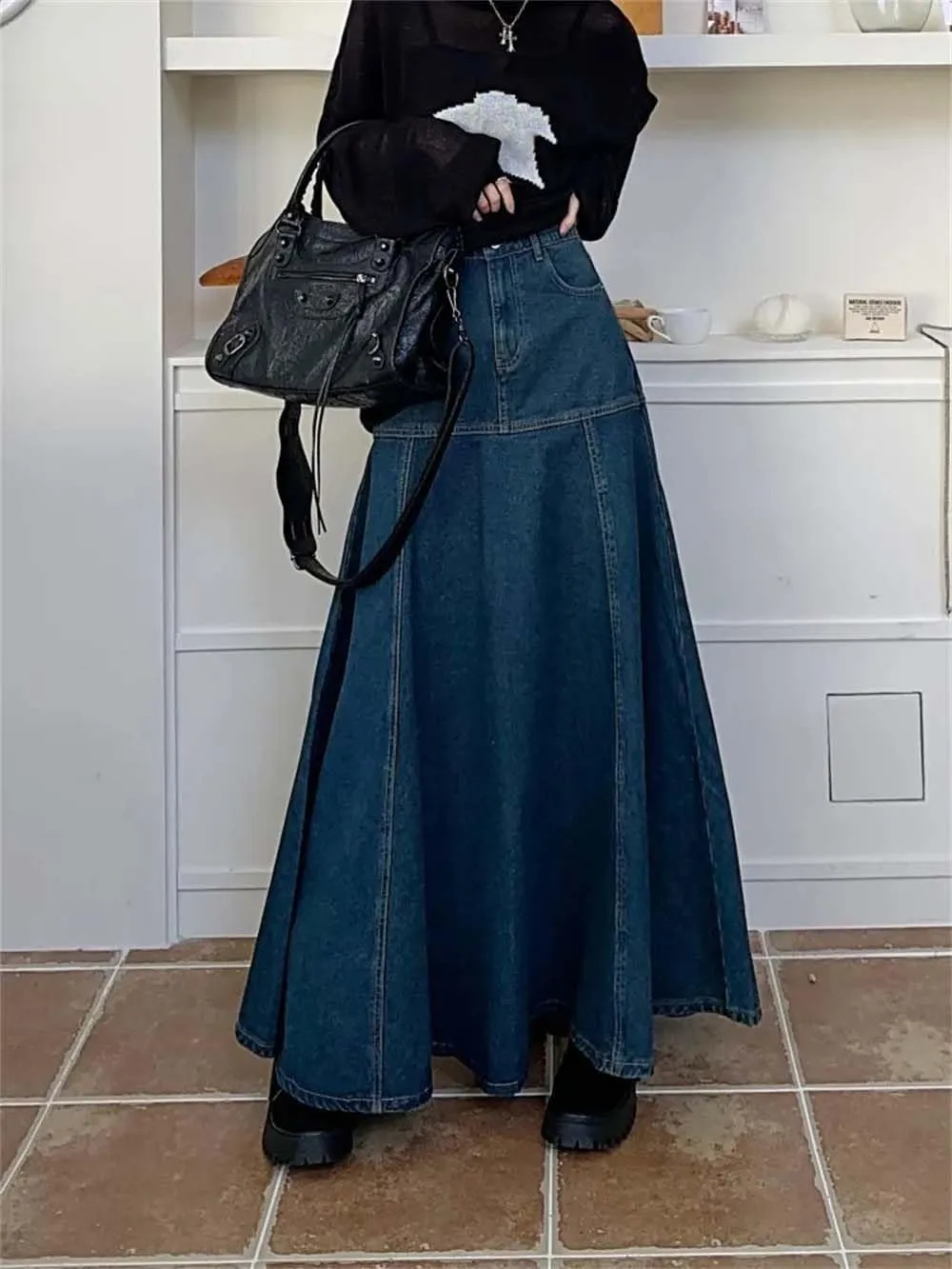 Adhdyuud Woman High Waist Fishtail Denim Skirt Casual Trendy Button-Fly Long Jean Skirts