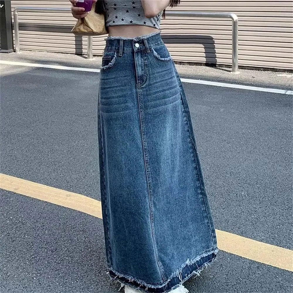 Adhdyuud Women Summer Casual High-Waisted A-Line Denim Skirts Loose Button-Fly Long Jean Skirts