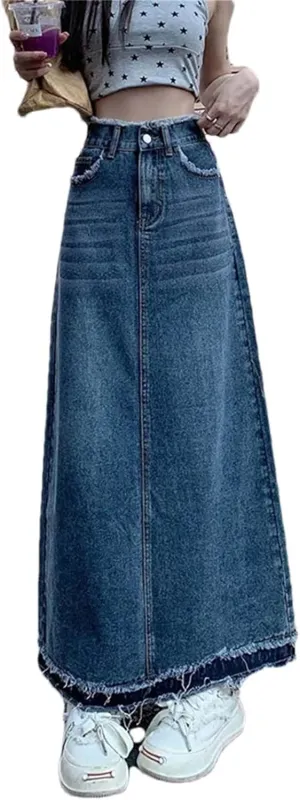 Adhdyuud Women Summer Casual High-Waisted A-Line Denim Skirts Loose Button-Fly Long Jean Skirts