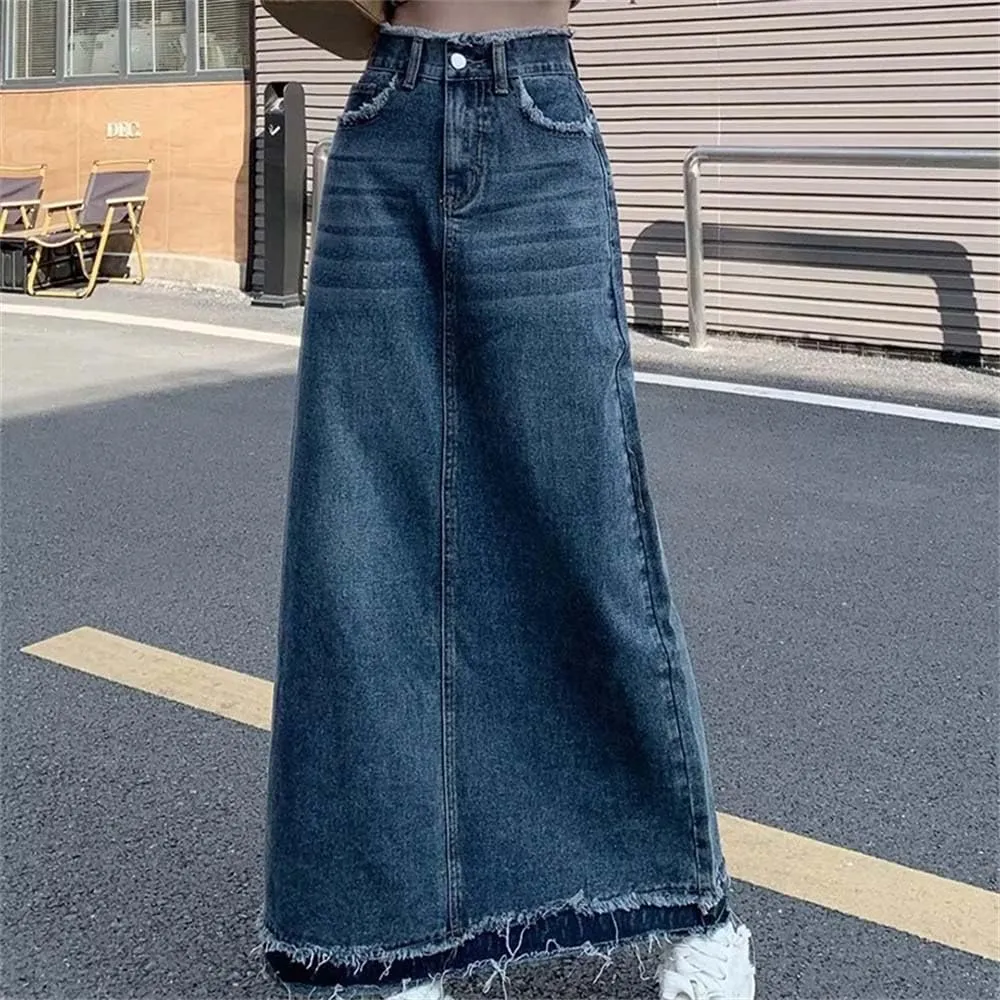 Adhdyuud Women Summer Casual High-Waisted A-Line Denim Skirts Loose Button-Fly Long Jean Skirts
