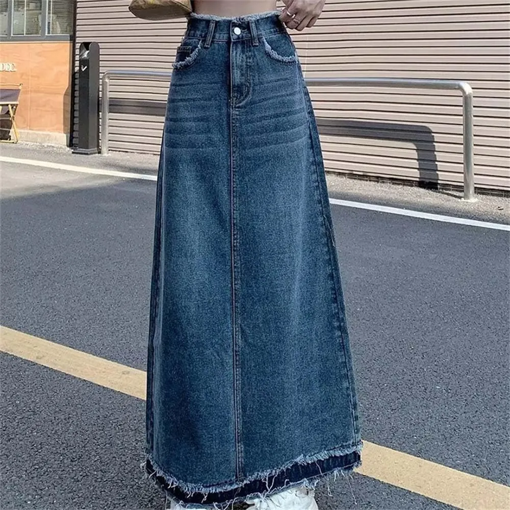 Adhdyuud Women Summer Casual High-Waisted A-Line Denim Skirts Loose Button-Fly Long Jean Skirts