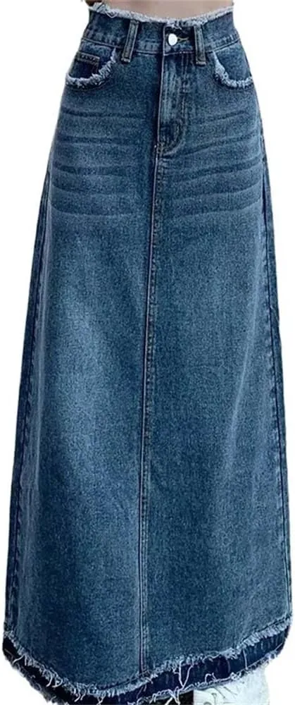 Adhdyuud Women Summer Casual High-Waisted A-Line Denim Skirts Loose Button-Fly Long Jean Skirts