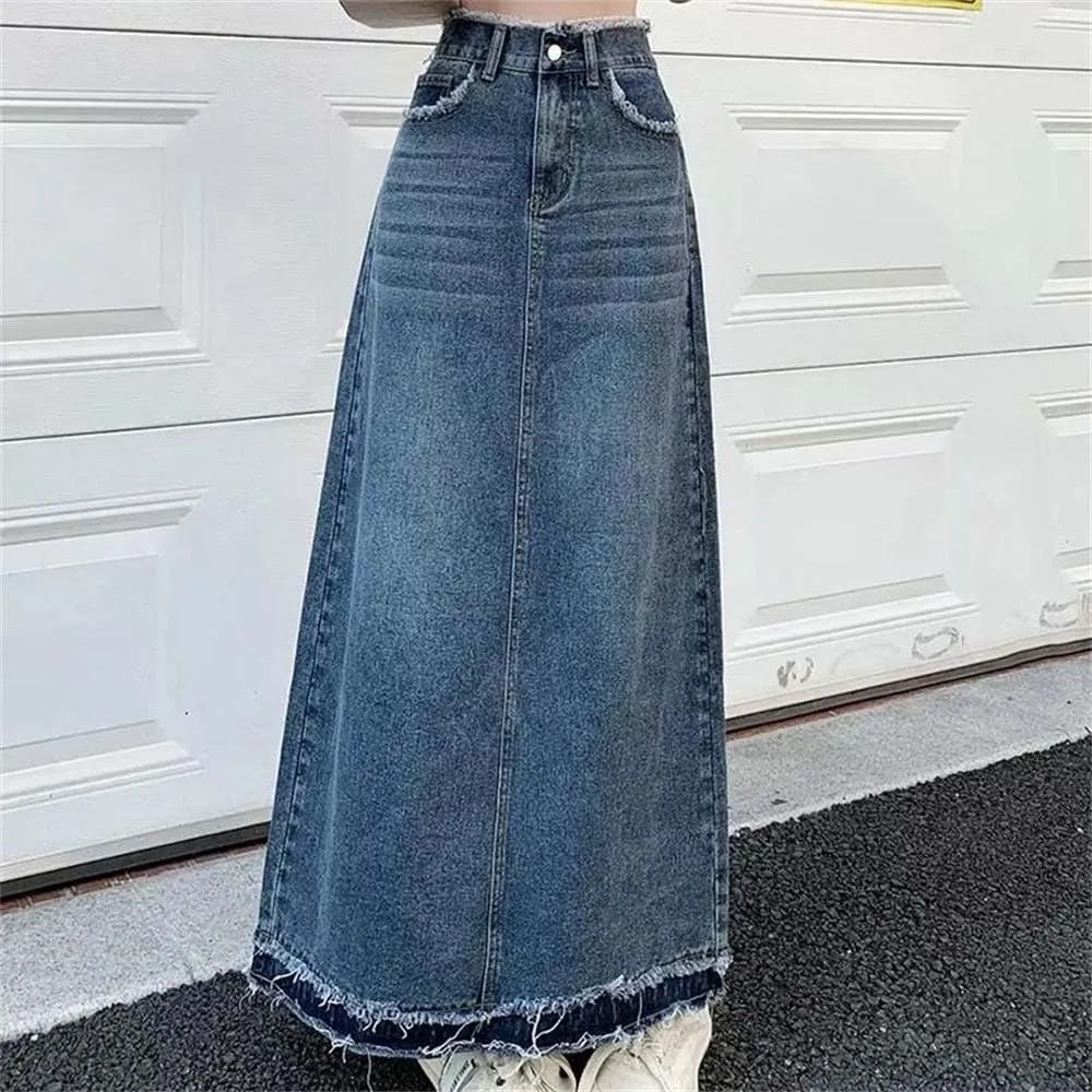 Adhdyuud Women Summer Casual High-Waisted A-Line Denim Skirts Loose Button-Fly Long Jean Skirts