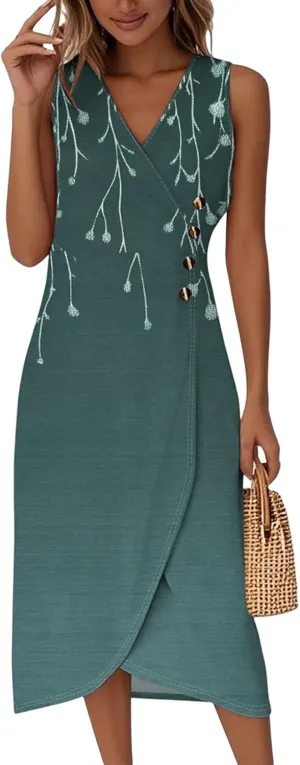 ADHOWBEW Church Dresses for Women 2025 Button Up Sleeveless Flowy V Neck Party Beach Sexy Trendy Elegant Midi Dresses