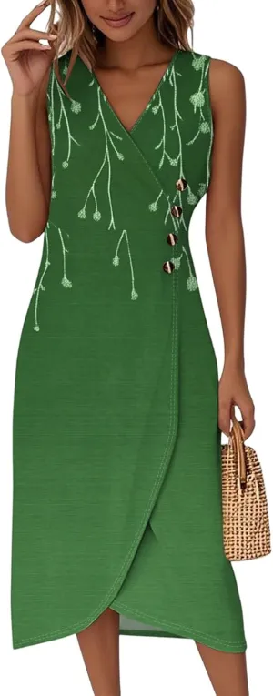 ADHOWBEW Church Dresses for Women 2025 Button Up Sleeveless Flowy V Neck Party Beach Sexy Trendy Elegant Midi Dresses