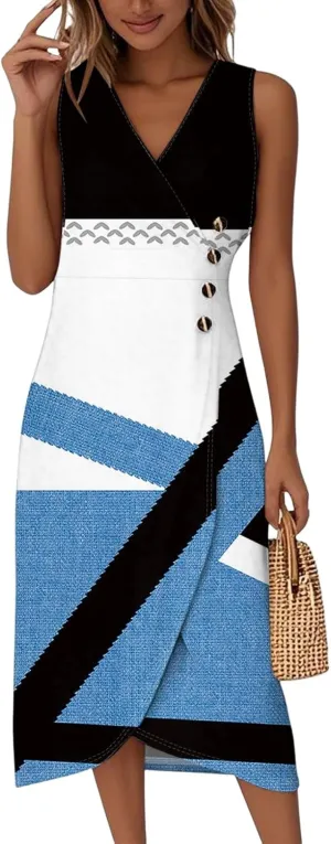 ADHOWBEW Church Dresses for Women 2025 Button Up Sleeveless Flowy V Neck Party Beach Sexy Trendy Elegant Midi Dresses