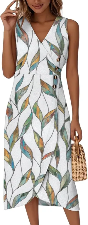 ADHOWBEW Church Dresses for Women 2025 Button Up Sleeveless Flowy V Neck Party Beach Sexy Trendy Elegant Midi Dresses