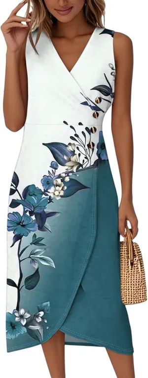 ADHOWBEW Church Dresses for Women 2025 Sexy Beach Sleeveless Party Elegant Casual V Neck Button Up Midi Dresses