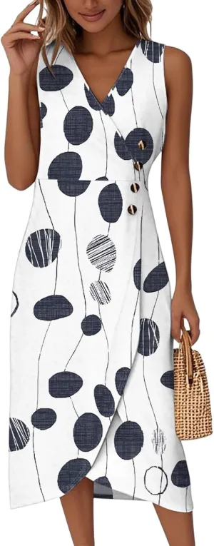 ADHOWBEW Church Dresses for Women 2025 Sexy Beach Sleeveless Party Elegant Casual V Neck Button Up Midi Dresses