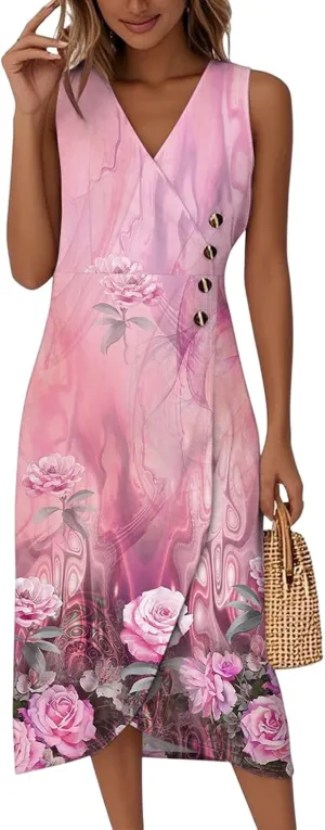 ADHOWBEW Church Dresses for Women 2025 Sexy Beach Sleeveless Party Elegant Casual V Neck Button Up Midi Dresses
