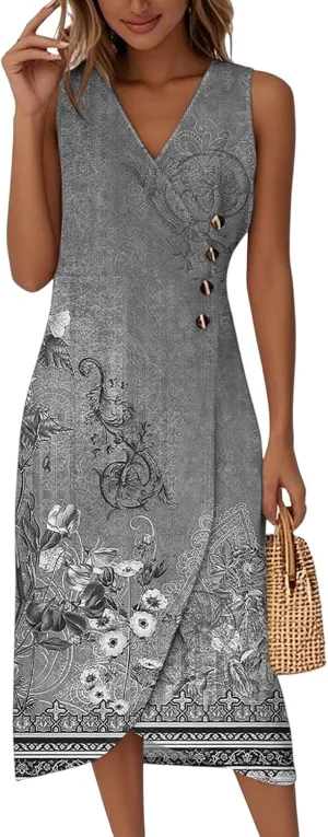 ADHOWBEW Women Flowy Beach Party Sleeveless Button Up Sexy Trendy Casual V Neck Elegant Midi Dresses