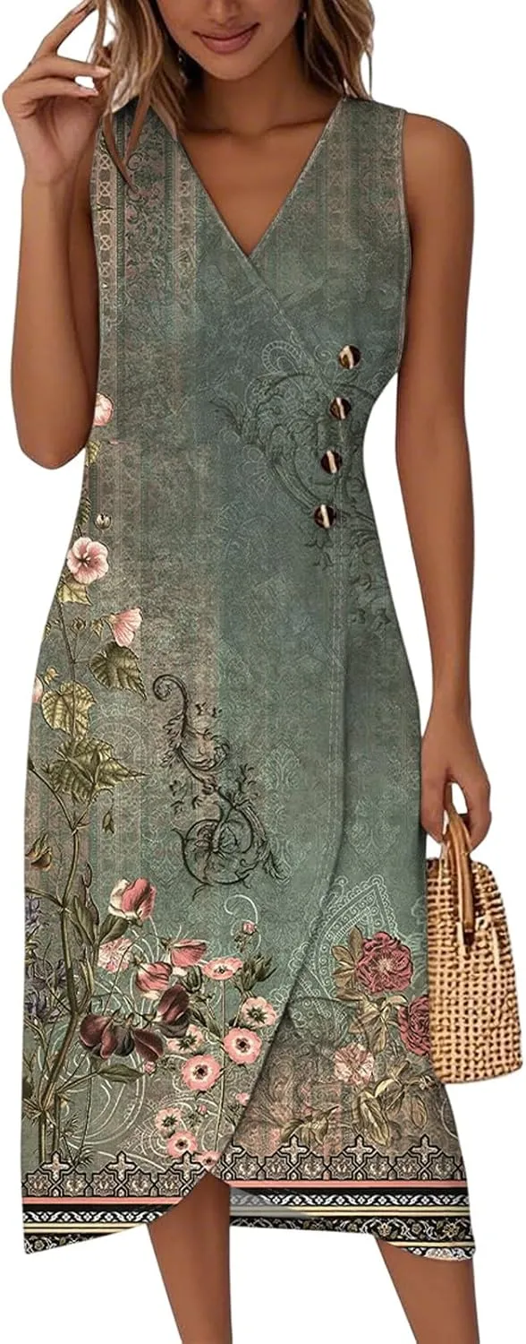 ADHOWBEW Women Flowy Beach Party Sleeveless Button Up Sexy Trendy Casual V Neck Elegant Midi Dresses