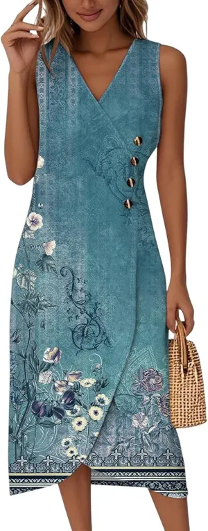 ADHOWBEW Women Flowy Beach Party Sleeveless Button Up Sexy Trendy Casual V Neck Elegant Midi Dresses