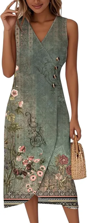 ADHOWBEW Women Flowy Beach Party Sleeveless Button Up Sexy Trendy Casual V Neck Elegant Midi Dresses