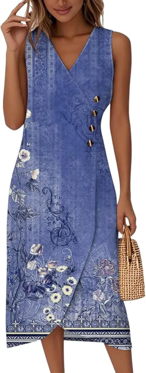 ADHOWBEW Women Flowy Beach Party Sleeveless Button Up Sexy Trendy Casual V Neck Elegant Midi Dresses