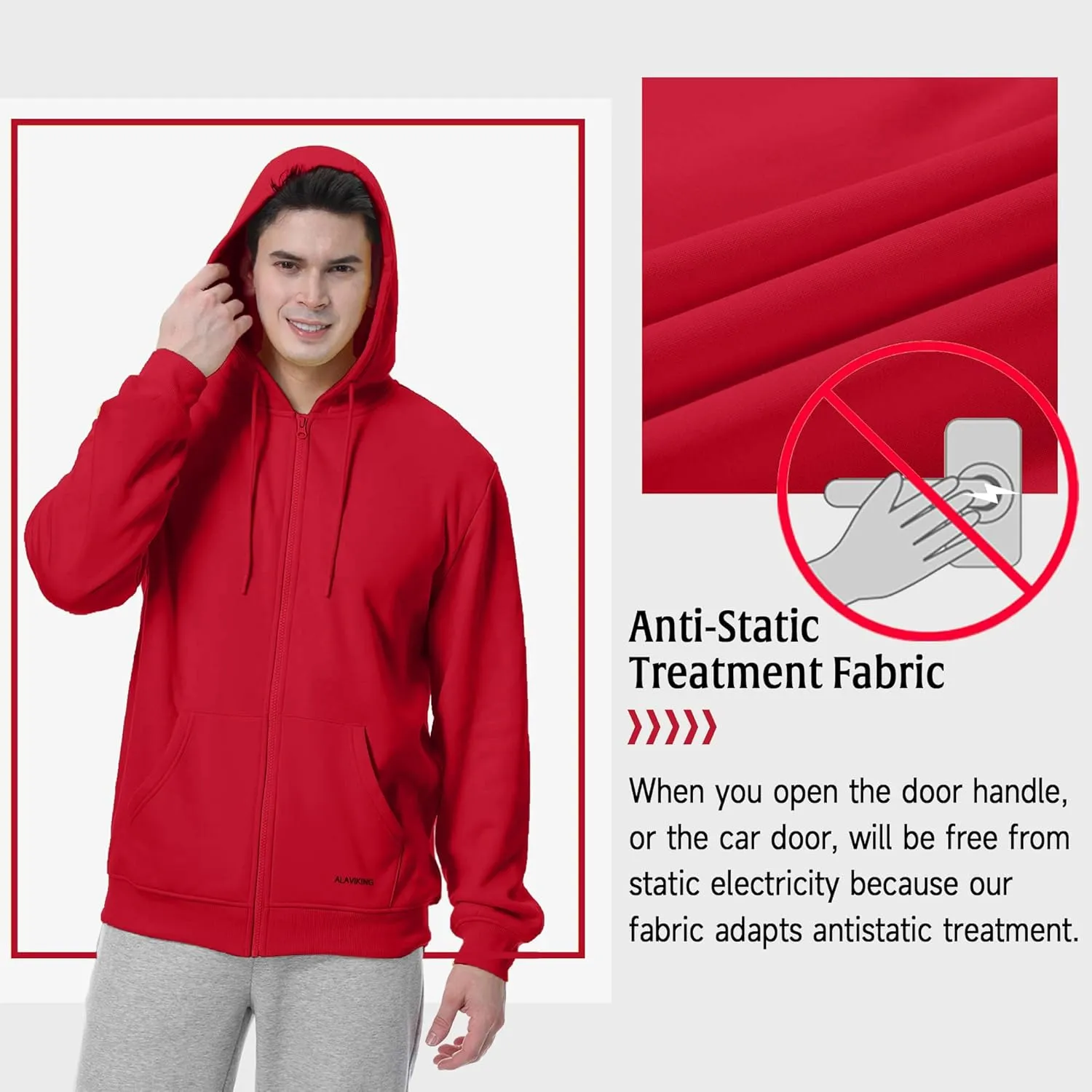 ALAVIKING Mens Zip up Hoodie Antistatic Fabric Hooded Sweatshirt with Pockets Athletic Fleece Hoodies for Men Size S-3XL