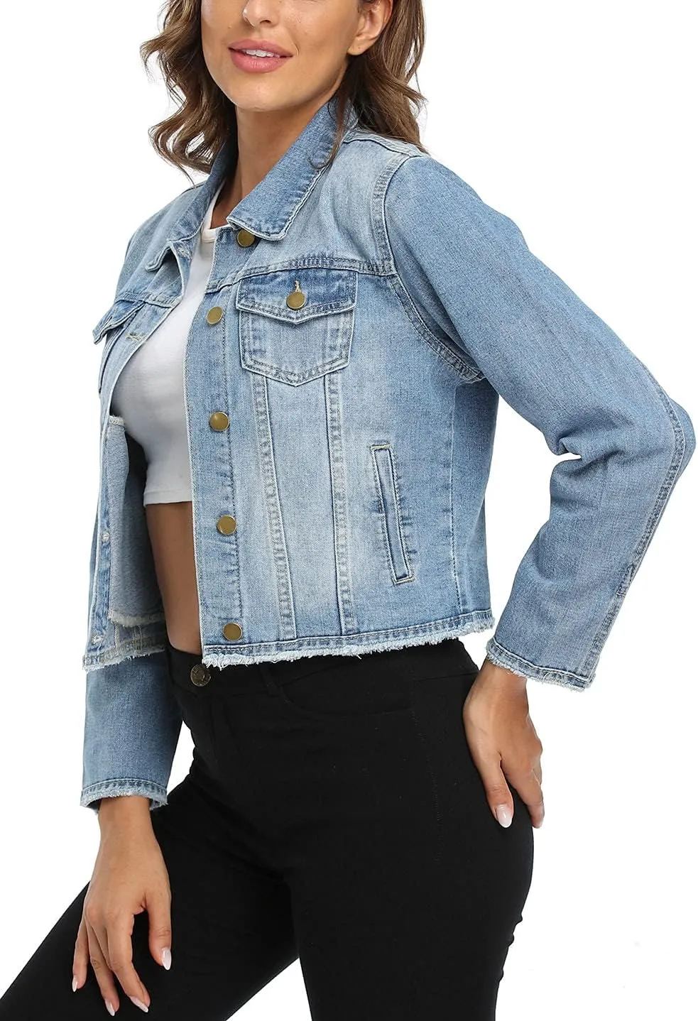 Anienaya Jean Jacket Women’s Frayed Washed Button Up Cropped Denim Jacket w 2 Side Pockets