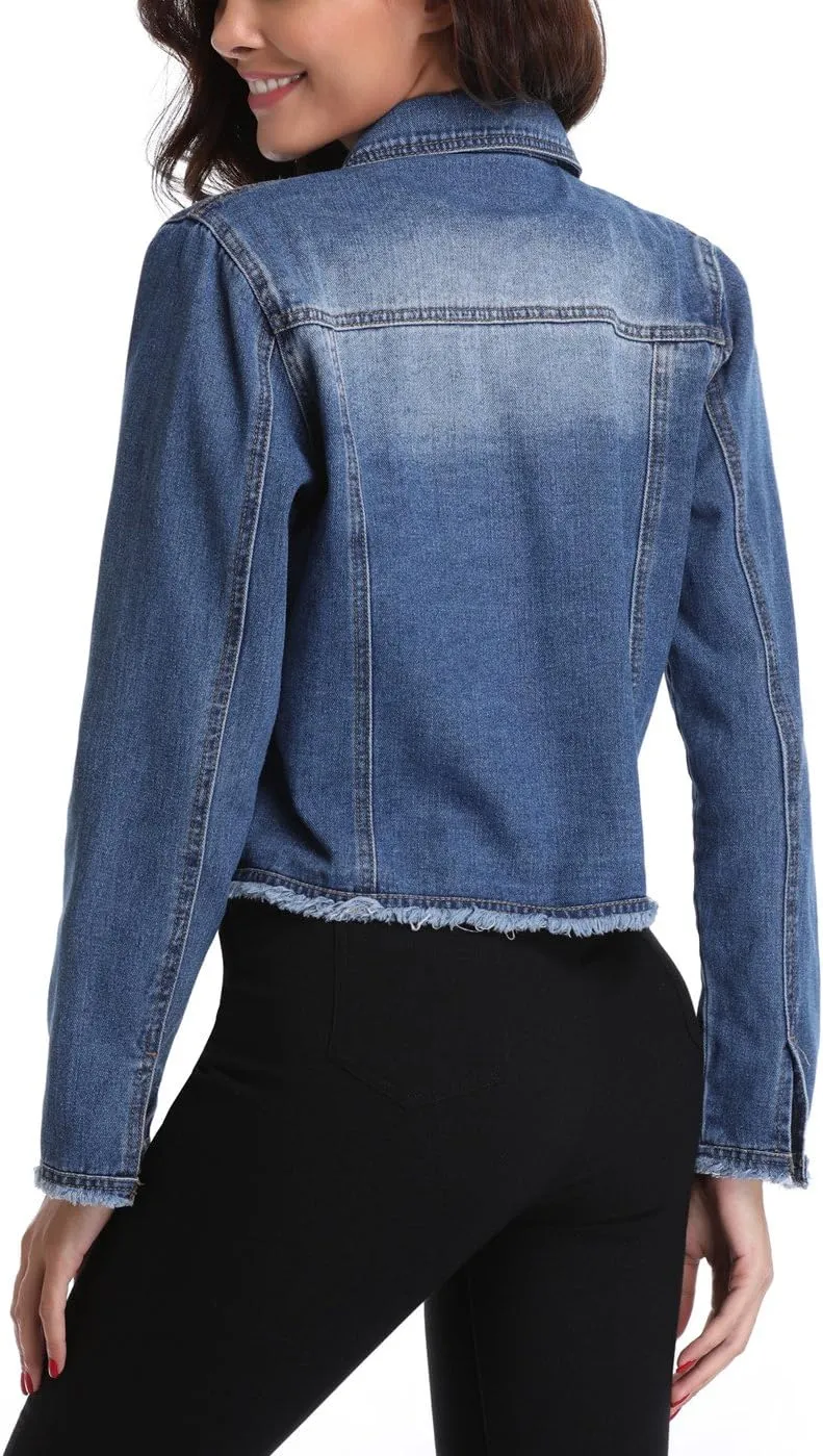 Anienaya Jean Jacket Women’s Frayed Washed Button Up Cropped Denim Jacket w 2 Side Pockets
