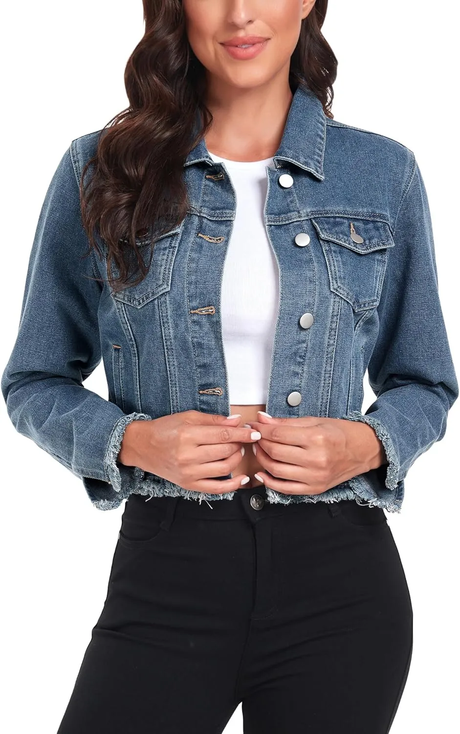 Anienaya Jean Jacket Women’s Frayed Washed Button Up Cropped Denim Jacket w 2 Side Pockets