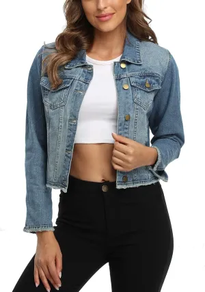 Anienaya Jean Jacket Women’s Frayed Washed Button Up Cropped Denim Jacket w 2 Side Pockets