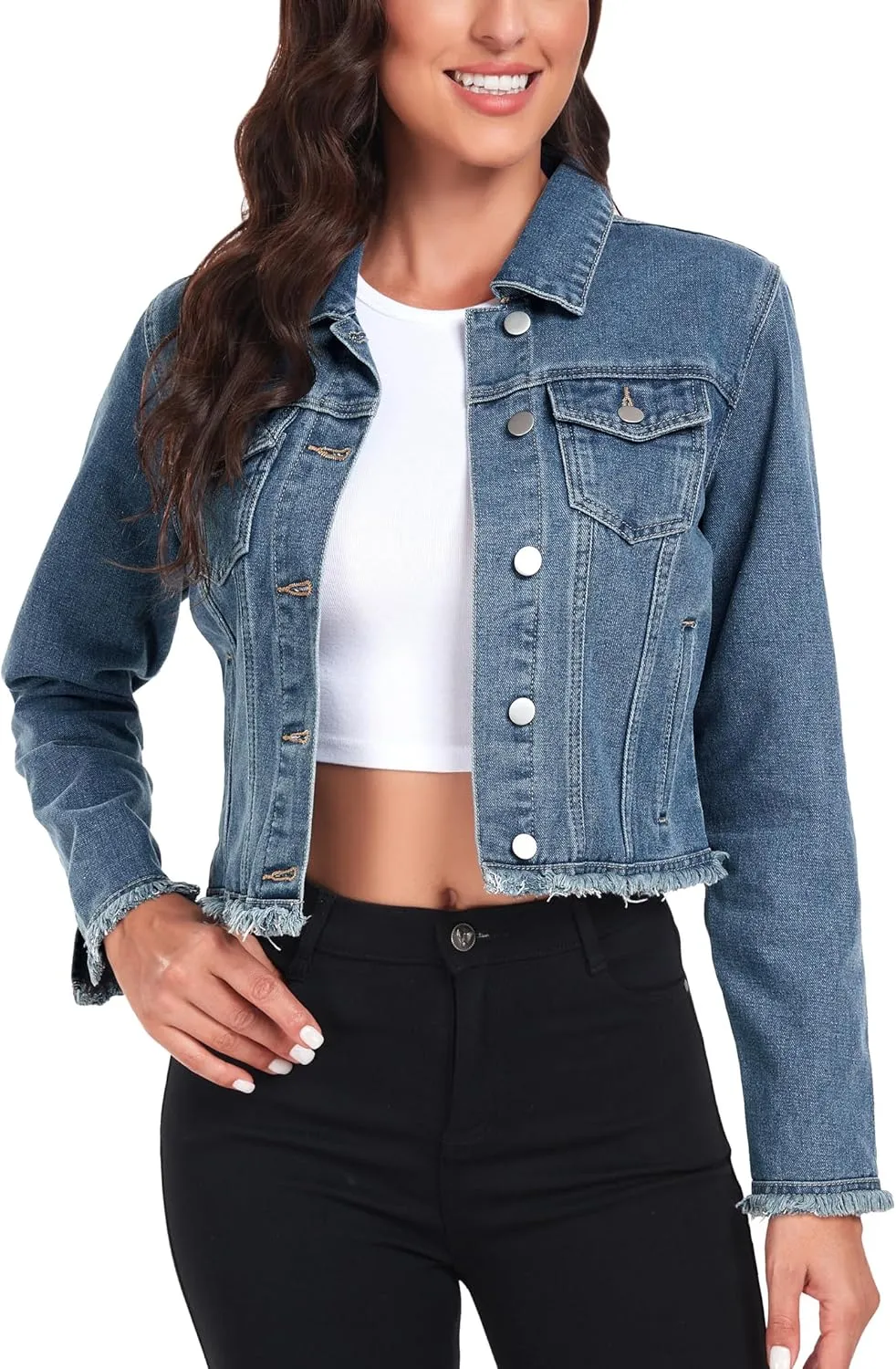 Anienaya Jean Jacket Women’s Frayed Washed Button Up Cropped Denim Jacket w 2 Side Pockets