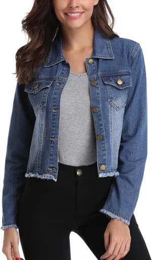 Anienaya Jean Jacket Women’s Frayed Washed Button Up Cropped Denim Jacket w 2 Side Pockets