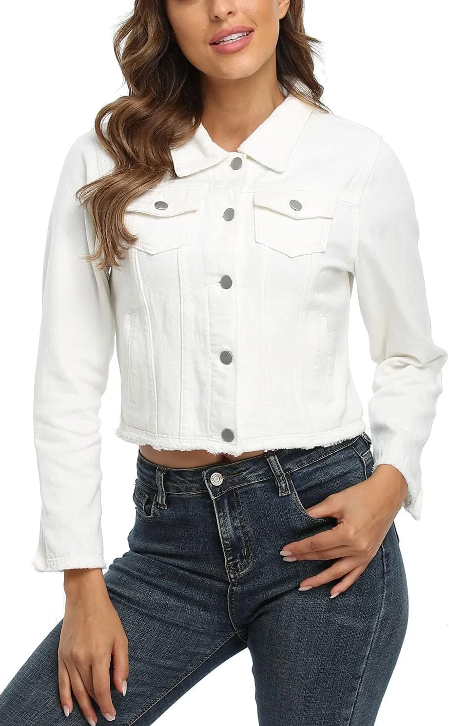 Anienaya Jean Jacket Women’s Frayed Washed Button Up Cropped Denim Jacket w 2 Side Pockets