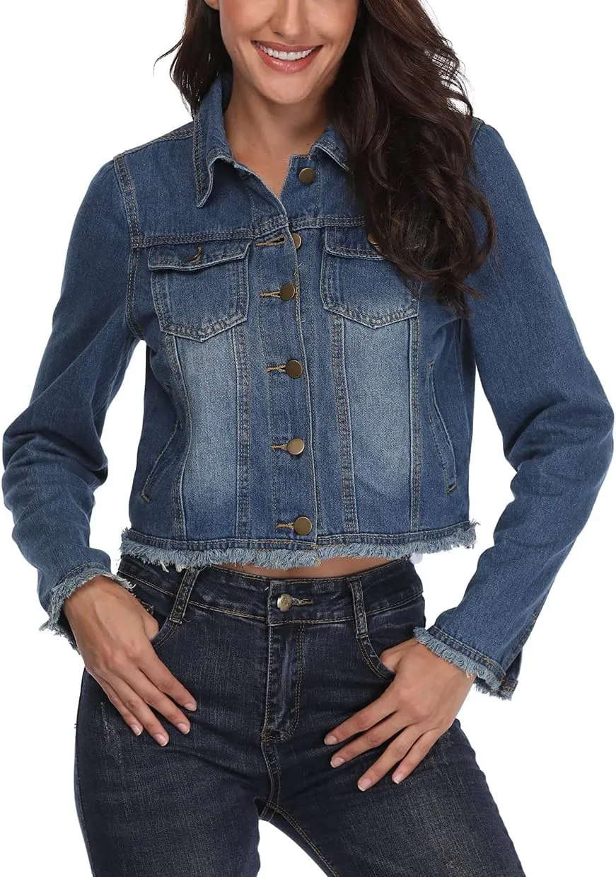 Anienaya Jean Jacket Women’s Frayed Washed Button Up Cropped Denim Jacket w 2 Side Pockets