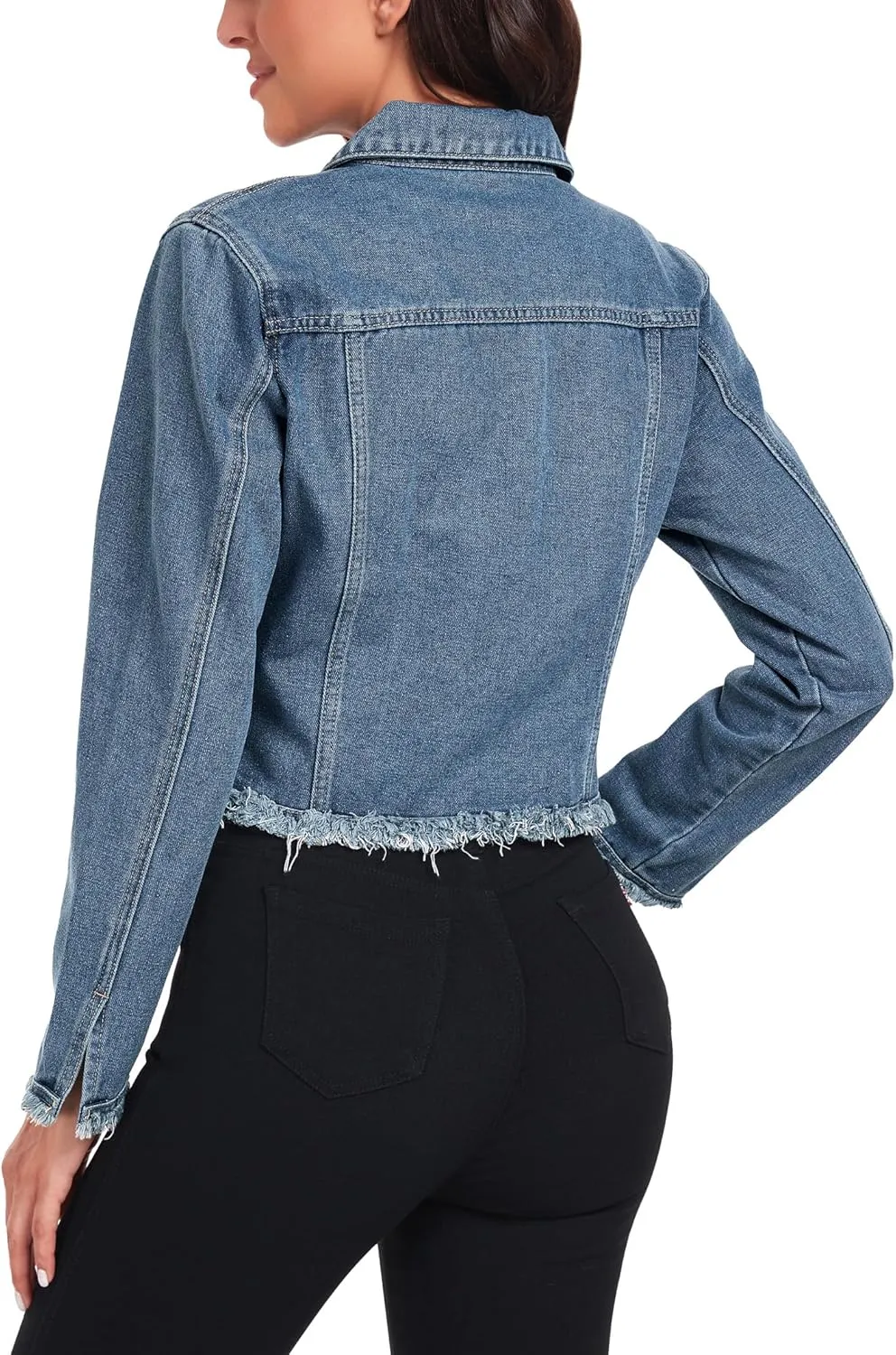 Anienaya Jean Jacket Women’s Frayed Washed Button Up Cropped Denim Jacket w 2 Side Pockets