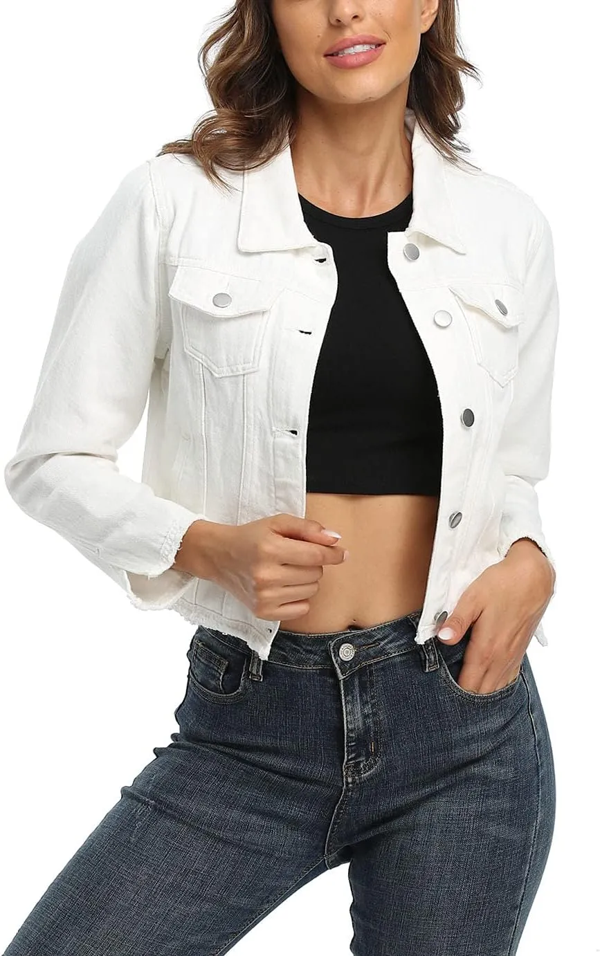 Anienaya Jean Jacket Women’s Frayed Washed Button Up Cropped Denim Jacket w 2 Side Pockets