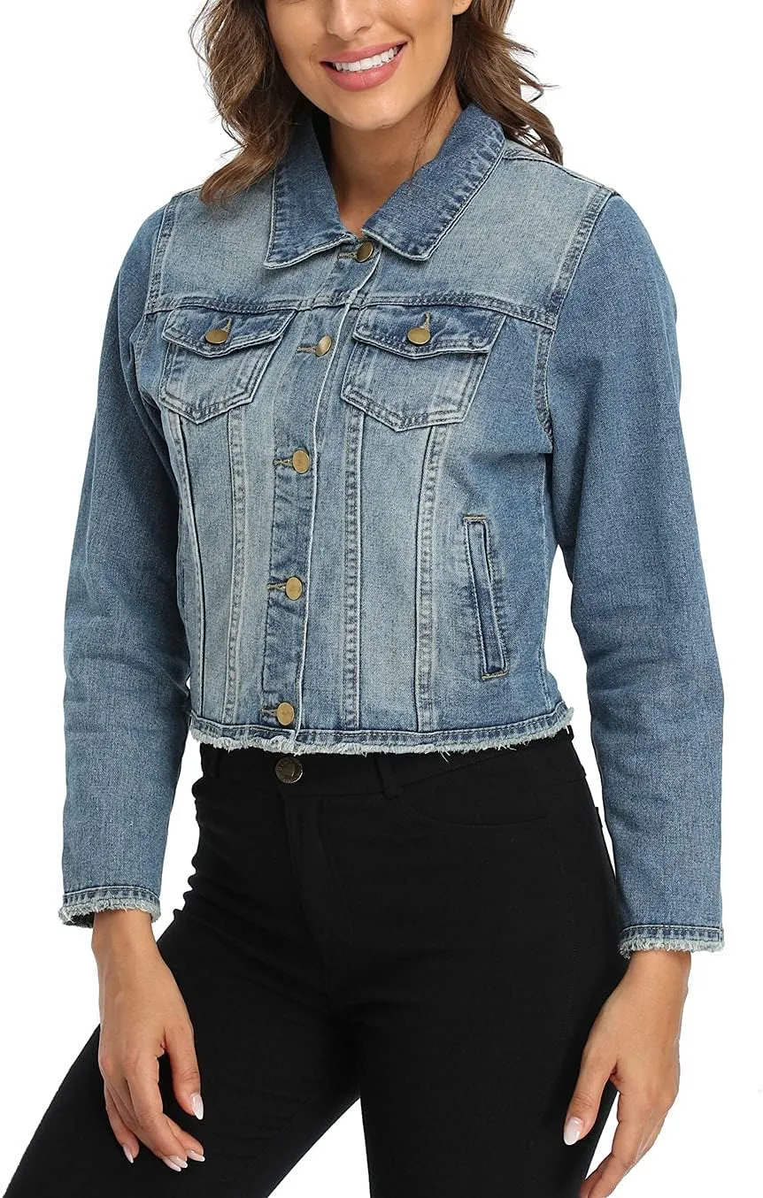 Anienaya Jean Jacket Women’s Frayed Washed Button Up Cropped Denim Jacket w 2 Side Pockets