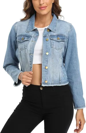 Anienaya Jean Jacket Women’s Frayed Washed Button Up Cropped Denim Jacket w 2 Side Pockets