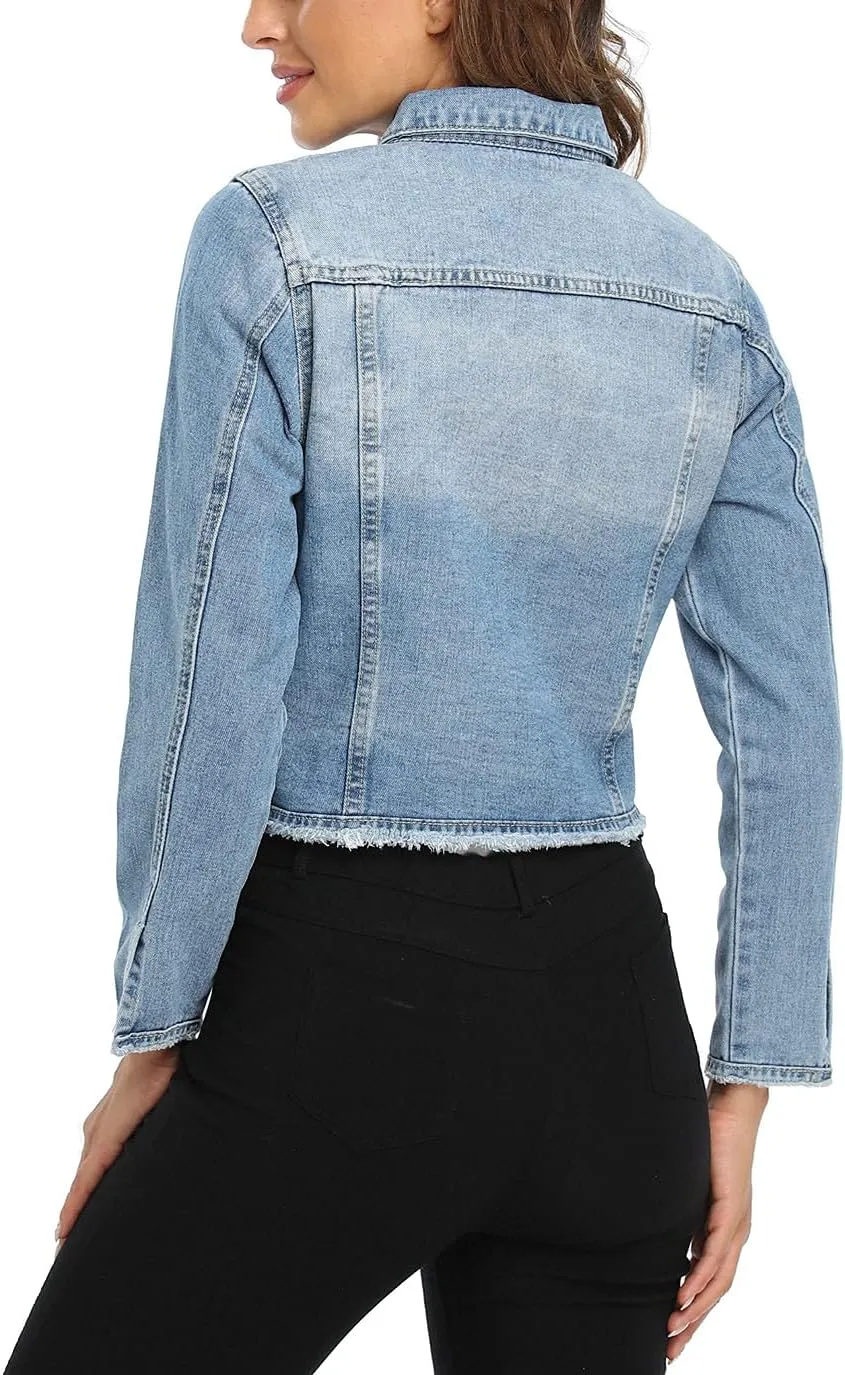 Anienaya Jean Jacket Women’s Frayed Washed Button Up Cropped Denim Jacket w 2 Side Pockets