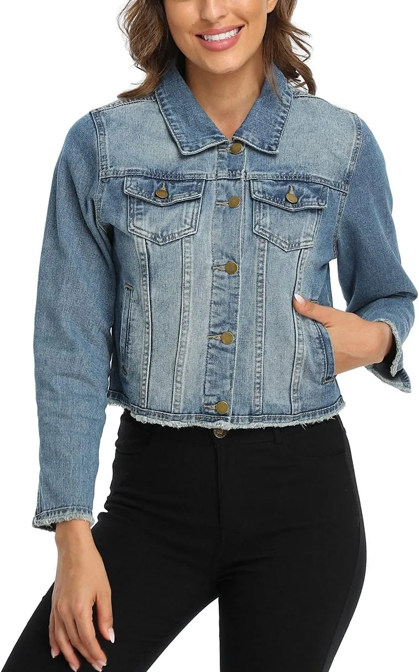 Anienaya Jean Jacket Women’s Frayed Washed Button Up Cropped Denim Jacket w 2 Side Pockets