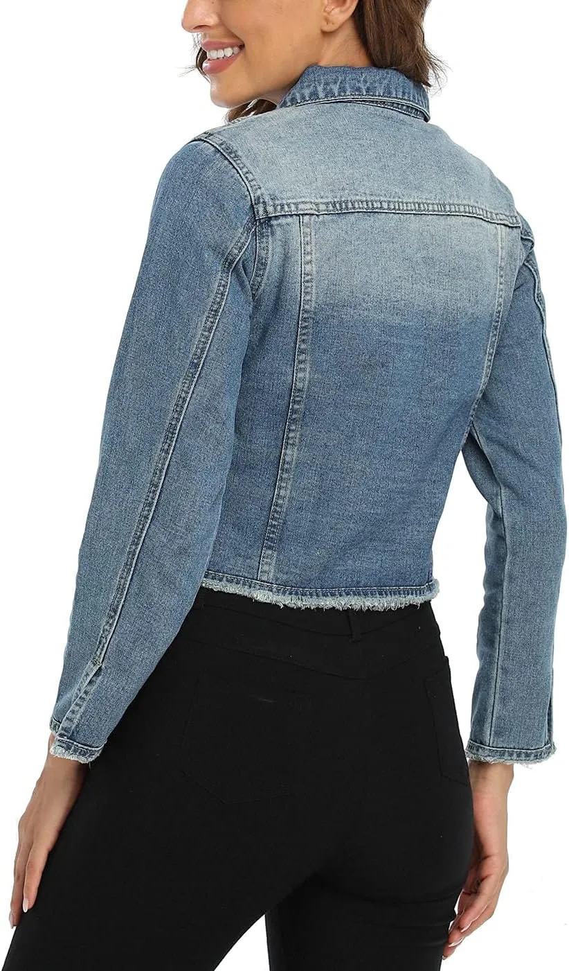 Anienaya Jean Jacket Women’s Frayed Washed Button Up Cropped Denim Jacket w 2 Side Pockets