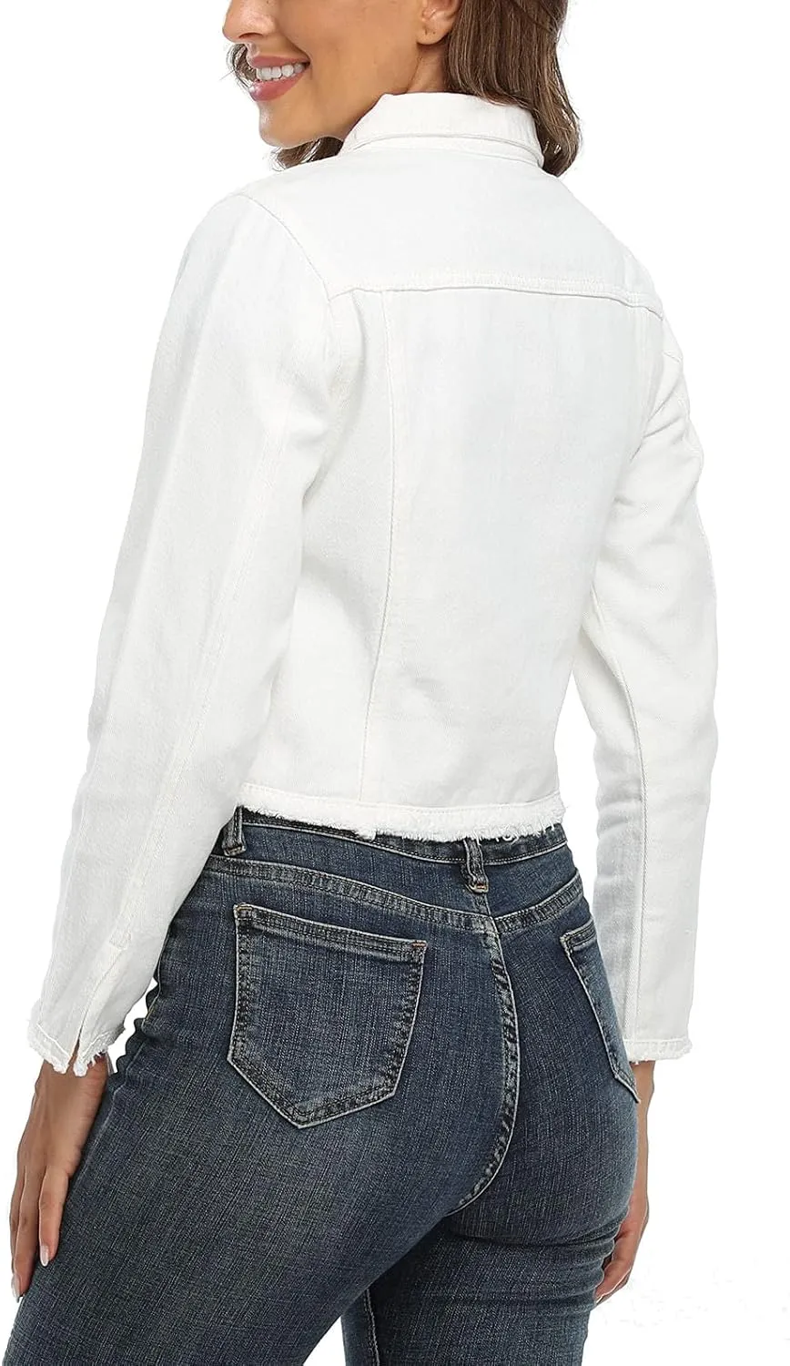 Anienaya Jean Jacket Women’s Frayed Washed Button Up Cropped Denim Jacket w 2 Side Pockets
